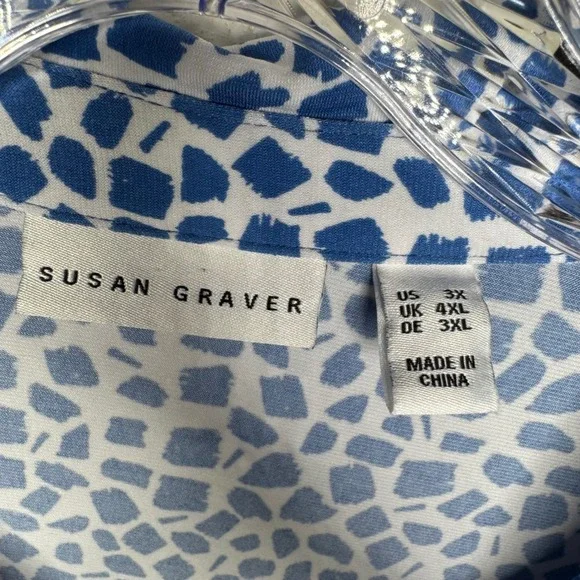 Susan Graver Blue White Abstract Mosaic Button Down Tunic Top Plus Size 3X - Picture 2 of 6